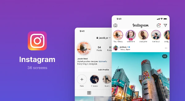 스토리와 DM 아이콘이 상단에 고정된 인스타그램 프로필, 피드 화면 목업